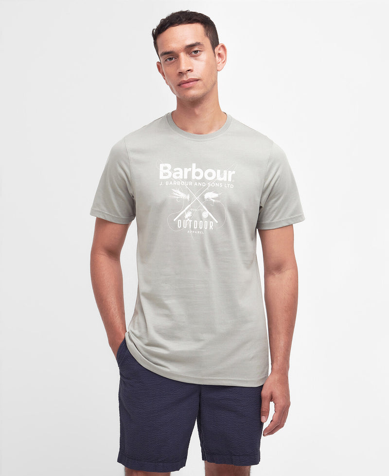 An image of a male model wearing the Barbour Fly Graphic T-Shirt in the colour Forest Fog.