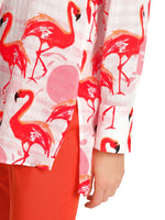 Marc Cain Flamingo Long Sleeve Blouse. A long sleeve blouse with Kent collar, button placket and pink flamingo print.