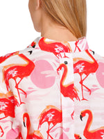 Marc Cain Flamingo Long Sleeve Blouse. A long sleeve blouse with Kent collar, button placket and pink flamingo print.
