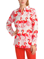 Marc Cain Flamingo Long Sleeve Blouse. A long sleeve blouse with Kent collar, button placket and pink flamingo print.