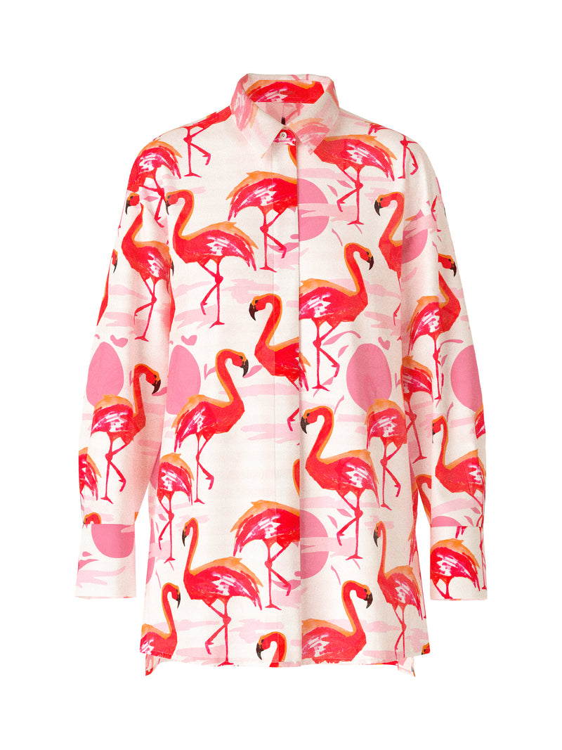 Marc Cain Flamingo Long Sleeve Blouse. A long sleeve blouse with Kent collar, button placket and pink flamingo print.