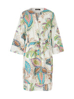 Marc Cain Tie Waist Dress. A casual wide fit dress with wide sleeves, round neck and tie waist. This dress is knee length and features a multicoloured eye-catching print.