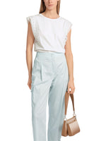 Marc Cain Cap Sleeve Lace Top. A white sleeveless, slim, and straight fit top with a round neckline and lace shoulder detail.