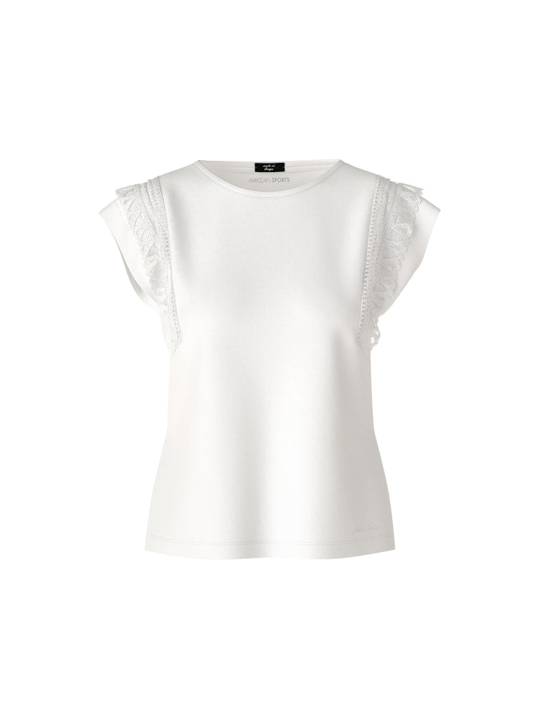 Marc Cain Cap Sleeve Lace Top. A white sleeveless, slim, and straight fit top with a round neckline and lace shoulder detail.