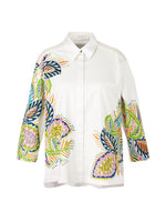 Marc Cain Beaded Floral Blouse. An A-line blouse with wide sleeves and kent style collar. This shirt has a multicoloured print with embroidery and a side seam slit.