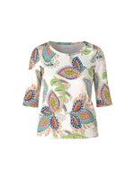 Marc Cain Pattern 3/4 Sleeve Top. A slim fit top with round neckline, 3/4 length sleeves and multicoloured floral motif.