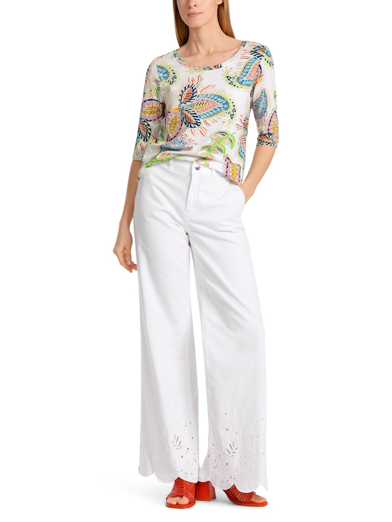 Marc Cain Pattern 3/4 Sleeve Top. A slim fit top with round neckline, 3/4 length sleeves and multicoloured floral motif.