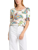 Marc Cain Pattern 3/4 Sleeve Top. A slim fit top with round neckline, 3/4 length sleeves and multicoloured floral motif.