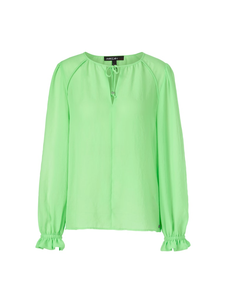 Marc Cain Blouse. An A-line blouse with long ham sleeves and tie neck detail. This blouse is light and airy and the colour is vibrant green.