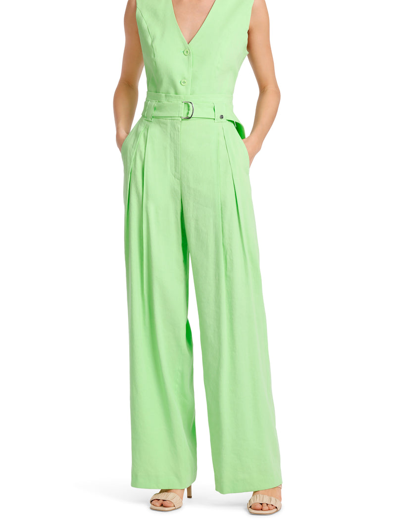 Marc Cain Wichita Pleated Wide Leg Trouser. A pair of green wide leg trousers with pleated detail and belt.