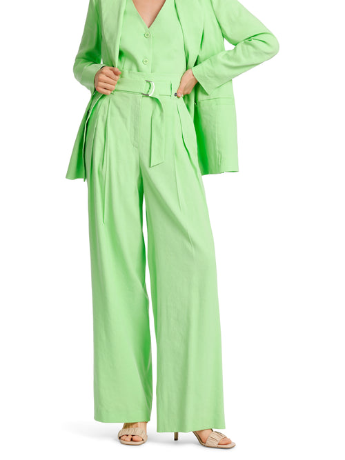 Marc Cain Wichita Pleated Wide Leg Trouser. A pair of green wide leg trousers with pleated detail and belt.