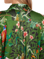 Marc Cain Pussy Bow Blouse with green floral print and long sleeves - close up image of pleated detail on the back