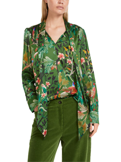 Marc Cain Pussy Bow Blouse with green floral print and long sleeves