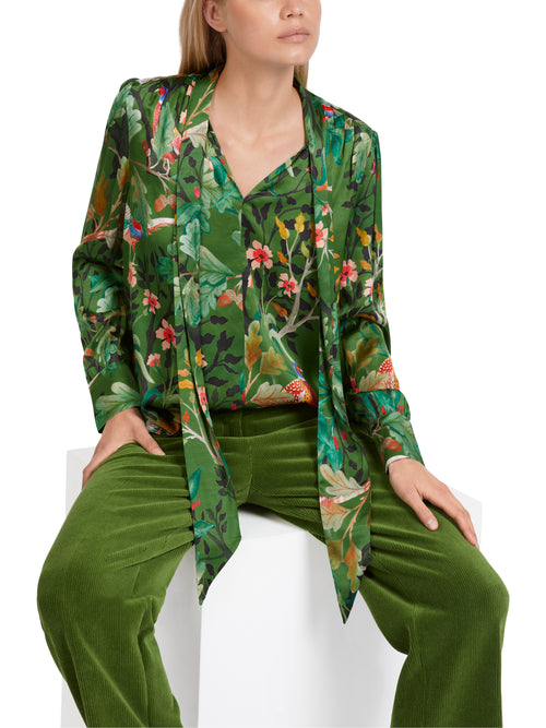 Marc Cain Pussy Bow Blouse with green floral print and long sleeves