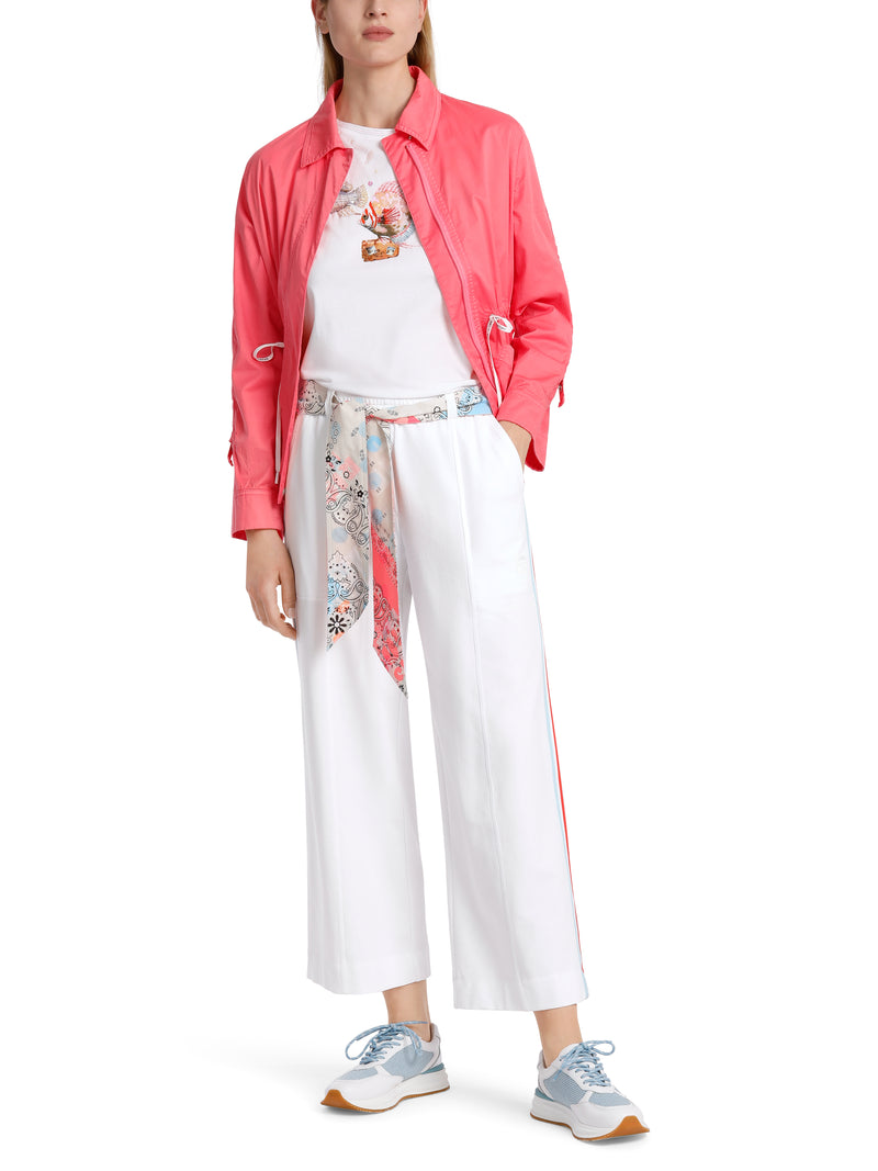 Marc Cain Washington Wide Leg Trouser. A pair of white wide leg trousers with multicoloured scarf belt.