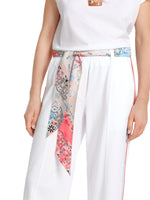 Marc Cain Washington Wide Leg Trouser. A pair of white wide leg trousers with multicoloured scarf belt.