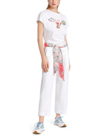 Marc Cain Washington Wide Leg Trouser. A pair of white wide leg trousers with multicoloured scarf belt.