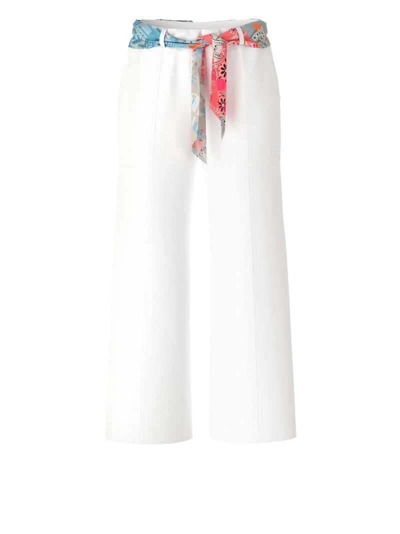 Marc Cain Washington Wide Leg Trouser. A pair of white wide leg trousers with multicoloured scarf belt.