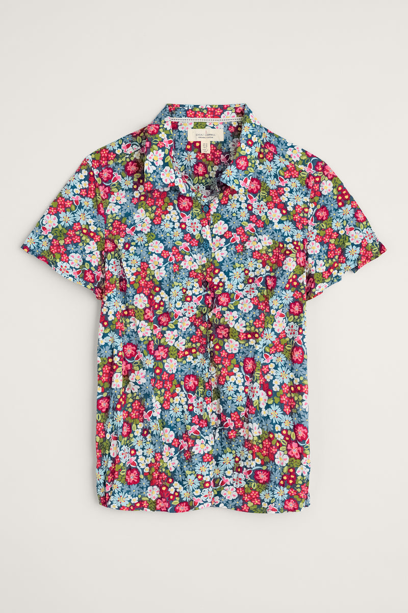 An image of the Seasalt Mrs Treloar Short Sleeve Shirt in the colour Flowery Painting Light Squid.