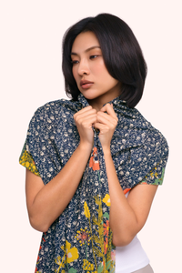 Floral Hedgerow Cotton Poplin Scarf - Navy