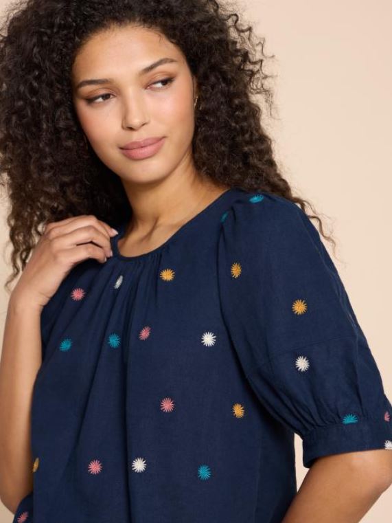 White Stuff Shelly Linen Blend Top. A 3/4 length sleeve top with a round neckline and a colourful dotted design