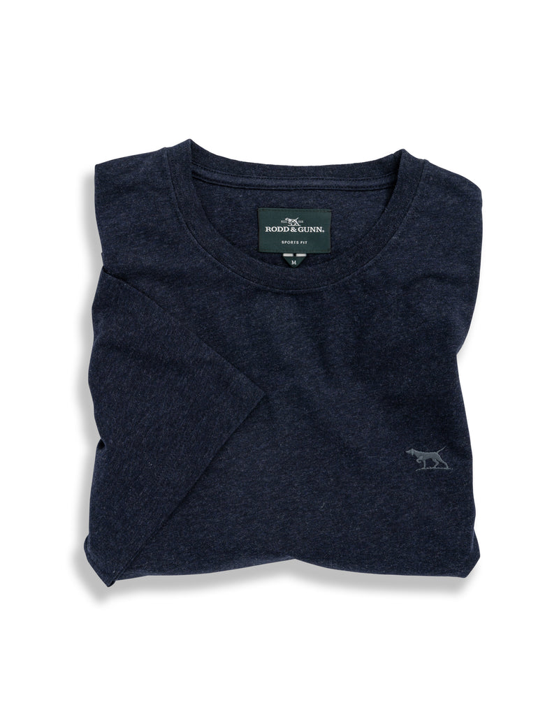 The Gunn T-Shirt by Rodd & Gunn. A short sleeve T-shirt with crew neck and logo on chest in navy.