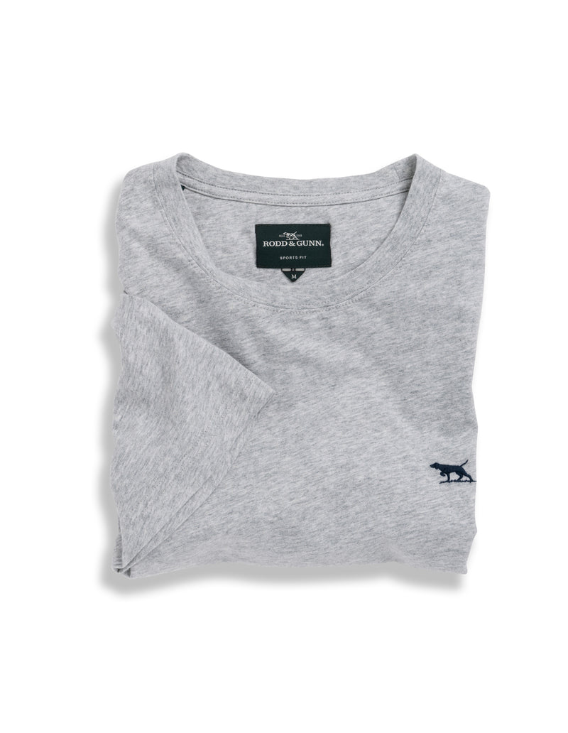 The Gunn T-Shirt by Rodd & Gunn. A short sleeve T-shirt with crew neck and logo on chest in grey.