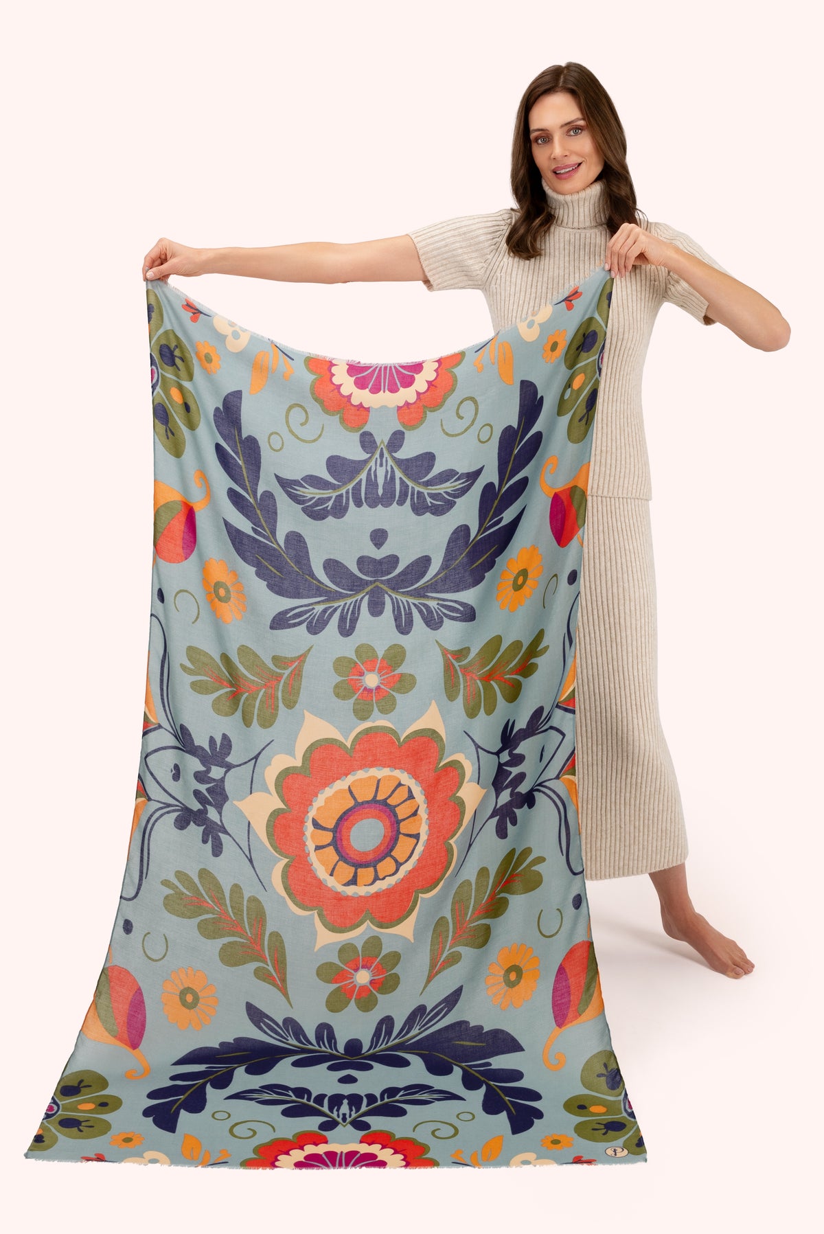 An image of the Powder Folk Floral Print Scarf - Winter Ice