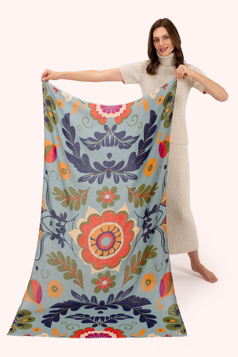 An image of the Powder Folk Floral Print Scarf - Winter Ice