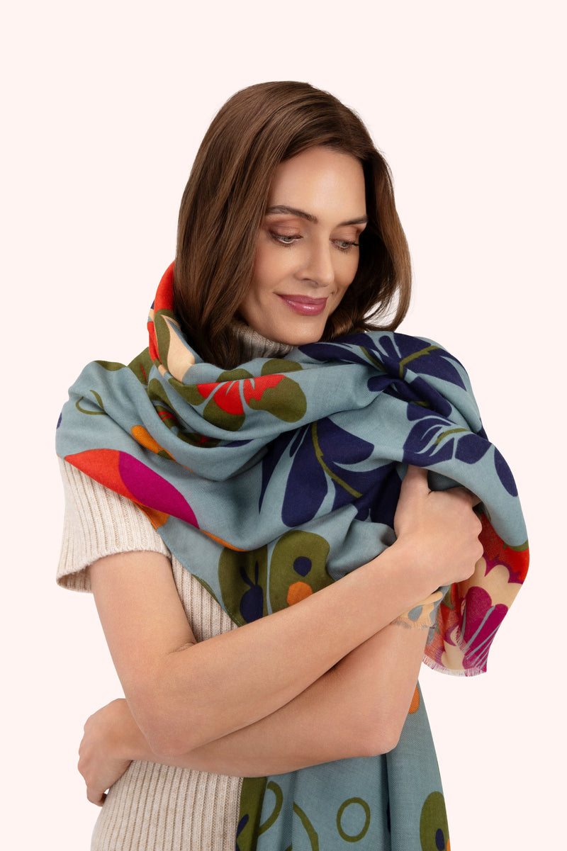 An image of the Powder Folk Floral Print Scarf - Winter Ice