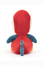 Jellycat Bodacious Beak Parrot. A red soft toy parrot with chunky yellow beak and little blue wings and tail.