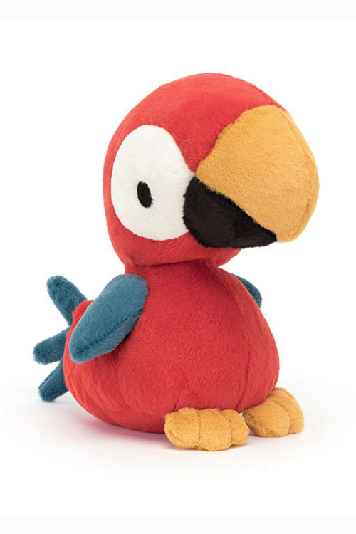 Jellycat Bodacious Beak Parrot. A red soft toy parrot with chunky yellow beak and little blue wings and tail.