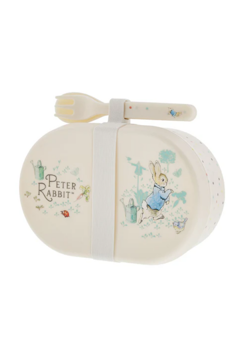 An image of the Enesco Peter Rabbit Snack Box With Cutlery Set