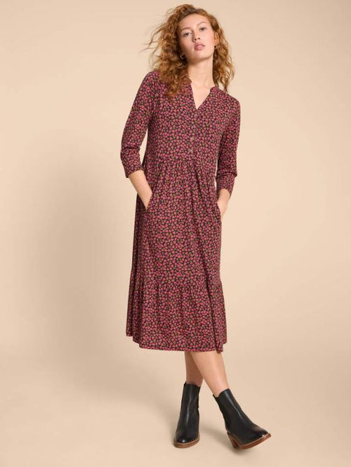 White Stuff Naya Jersey Dress. A midi length dress with 3/4 length sleeves, button placket and a pretty pink hearts design.