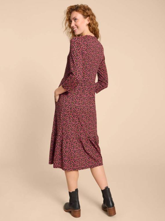 White Stuff Naya Jersey Dress. A midi length dress with 3/4 length sleeves, button placket and a pretty pink hearts design.