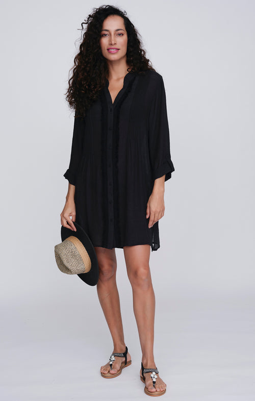 Pia Rossini Reeva Beach Shirt. A relaxed fit shirt with rolled cuff sleeves, in lightweight black material.