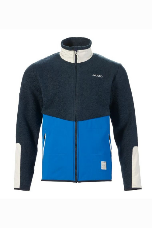 Musto Pile Fleece Jacket. A high collar heavyweight jacket with 2-layer fabric and 3-colour design in Aruba Blue, navy and white.