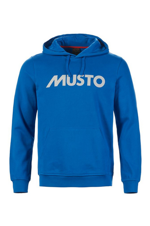 An image of the Men's Musto Logo Hoodie in Aruba Blue. A bright blue. cotton hooded jumper with a drawstring hood, a kangaroo pocket, and a large Musto logo across the chest in white.