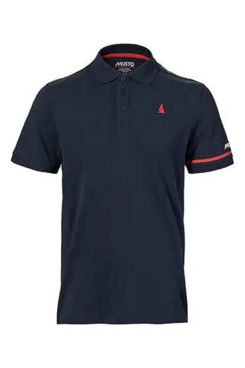 Musto Red Yacht Short Sleeve Polo. A regular fit, short sleeve polo in navy, with red boat emblem on the chest.