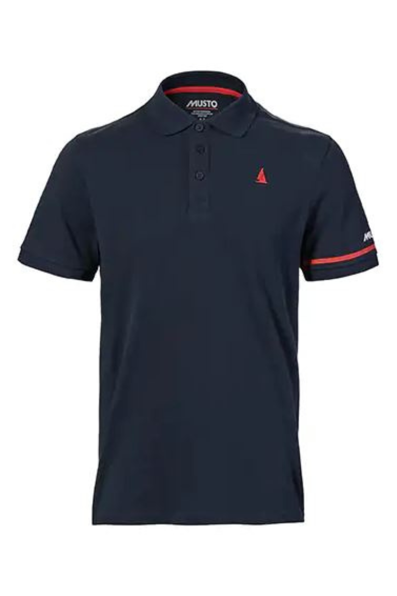 Musto Red Yacht Short Sleeve Polo. A regular fit, short sleeve polo in navy, with red boat emblem on the chest.