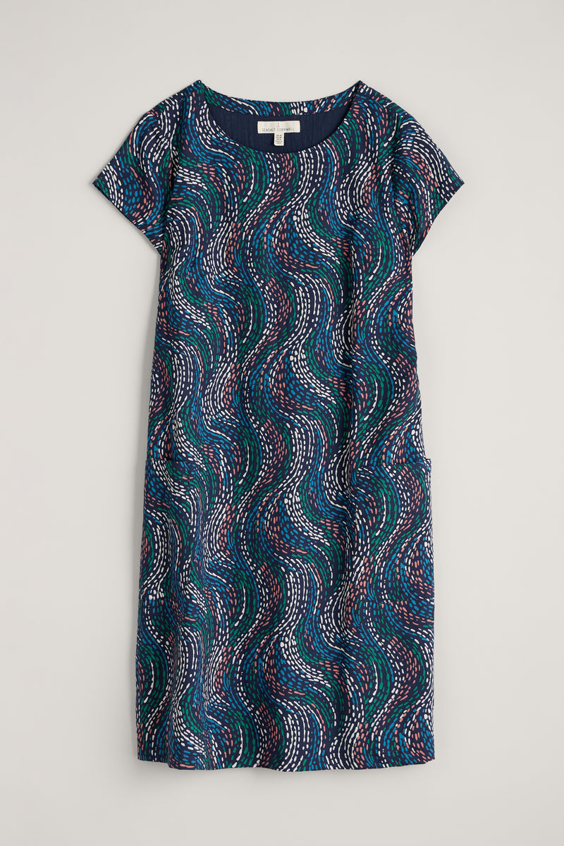 Seasalt River Cove Dress. An A-line dress with scoop neck, short sleeves, zip fastening, and multicoloured wavy print.