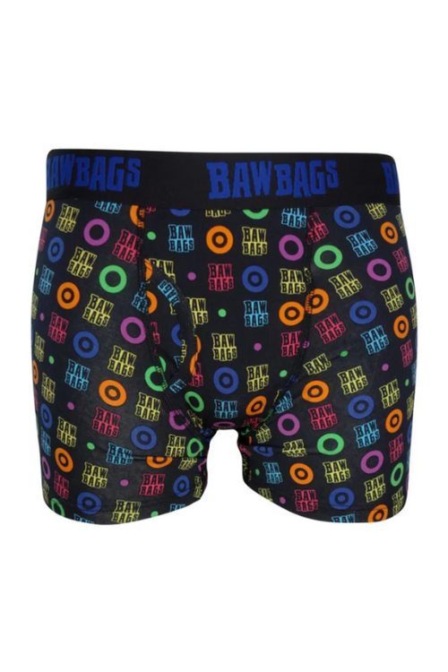 An image of the Bawbags Runway Cotton Boxers, featuring an all over multicoloured logo print.