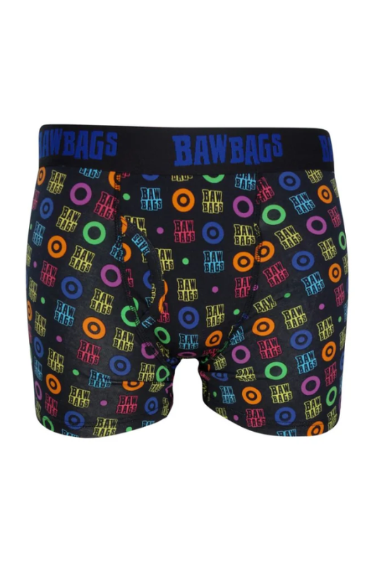 An image of the Bawbags Runway Cotton Boxers, featuring an all over multicoloured logo print.
