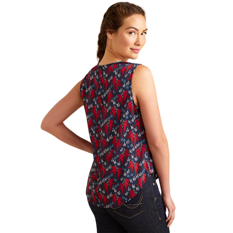 An image of a female model wearing the Ariat Bayview Sleeveless Blouse in the colour Mod Horse.