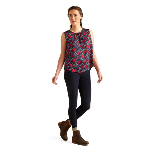 An image of a female model wearing the Ariat Bayview Sleeveless Blouse in the colour Mod Horse.