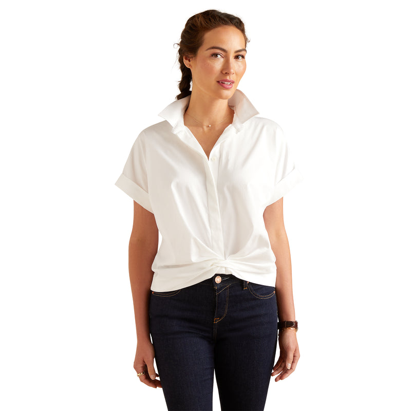 An image of a female model wearing the Brookside Shirt in the colour White.