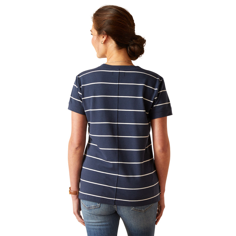 An image of a female model wearing the Ariat Fairford T-Shirt in the colour Navy/White.
