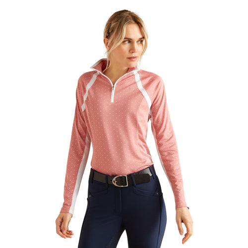 Ariat Sun Stopper 3.0 Long Sleeve Baselayer. A long sleeve baselayer top with mock collar, 3/4 zip and mesh panelling, in the style Slate Rose Dot.