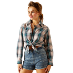An image of a female model wearing the Ariat Billie Jean Shirt in the colour Tomboy Plaid.