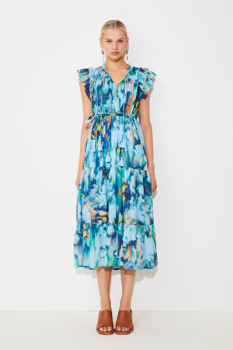 An image of the Suncoo Calipso Print Tiered Midi Dress